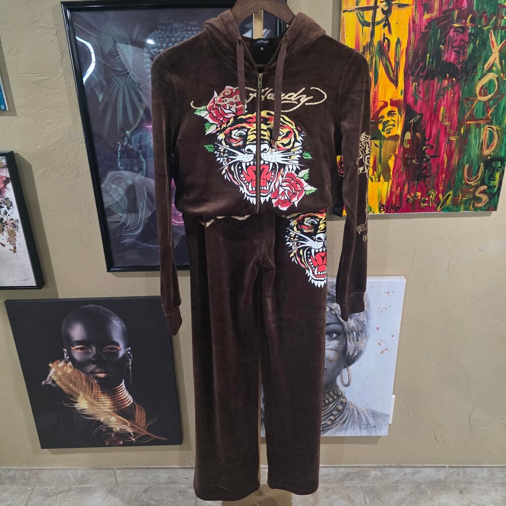 NWT 2PC Ed Hardy Velure Y2K Style Tiger Brown Track Suit Grunge Cropped Small
